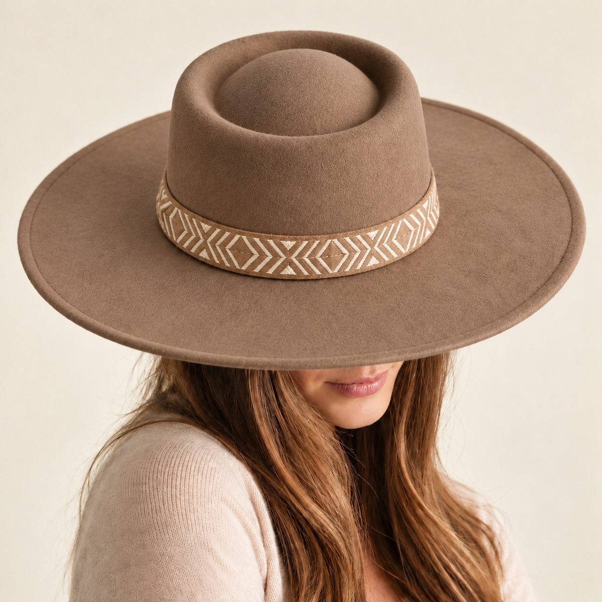 Wide Brim Vegan Felt Gambler Hat w/ Aztec Jacquard Band