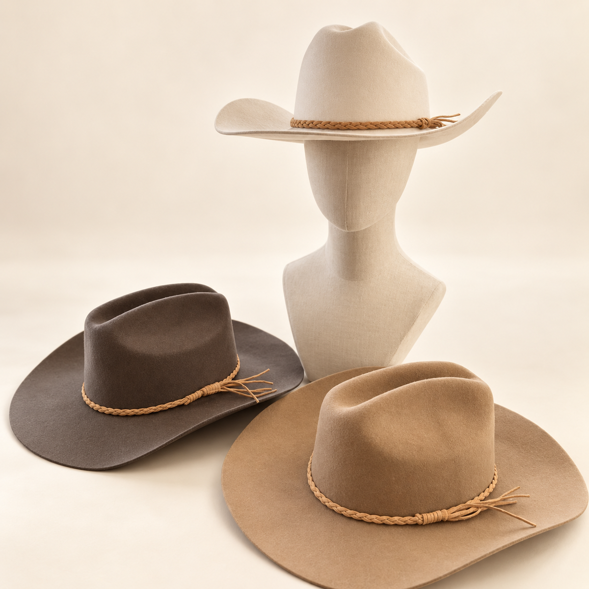 Premium Australian Wool Cattleman Cowboy Hat with Braided Suede Belt