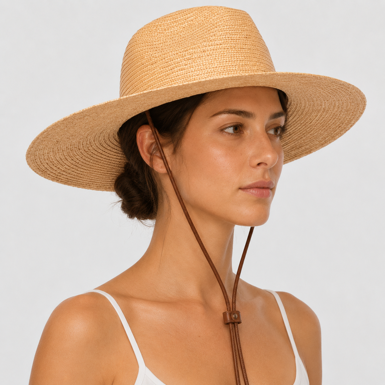 Wheat Straw Wide Brim Rancher Hat with Leather Chin Cord