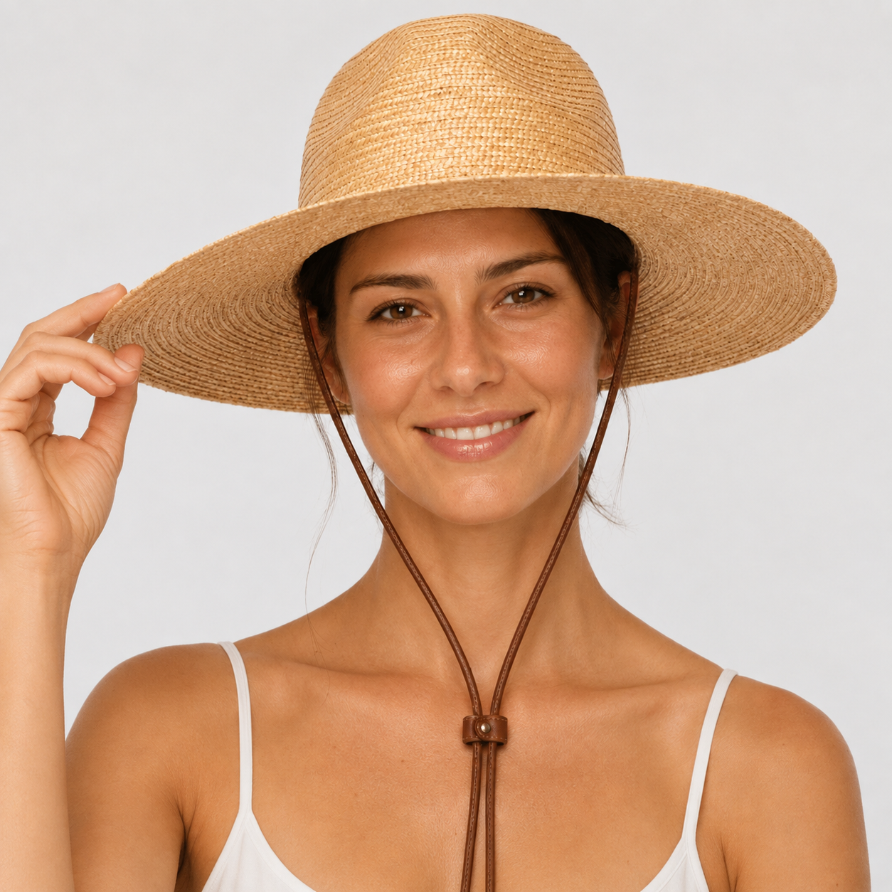 Wheat Straw Wide Brim Rancher Hat with Leather Chin Cord