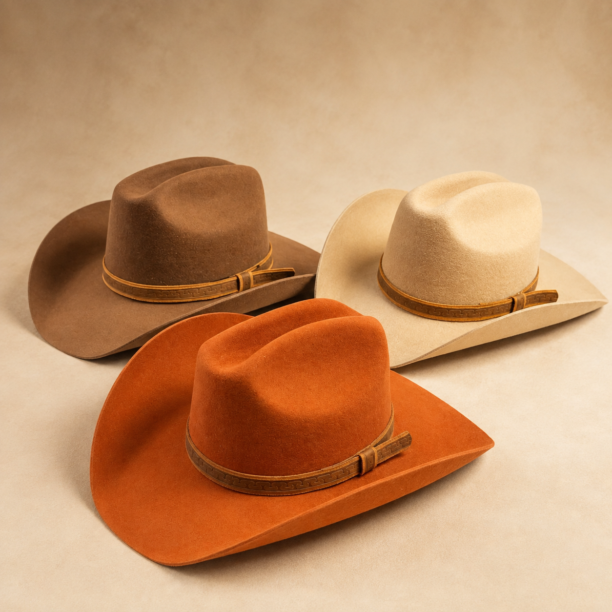 Tooled Leather Band Wool Felt Cattleman Cowboy Hat