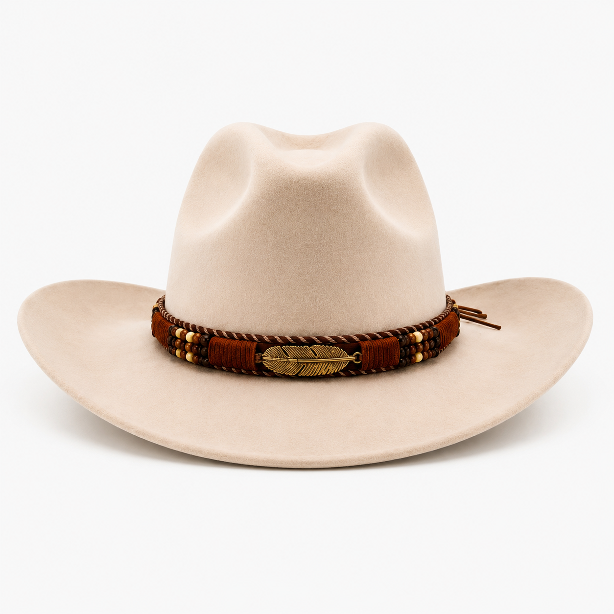 Boho Feather Beaded Tie-On Hat Band – Brown Multi