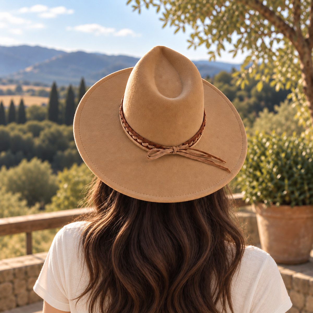 Vegan Felt Flat Brim Rancher Hat w/ Braided Tassel Band
