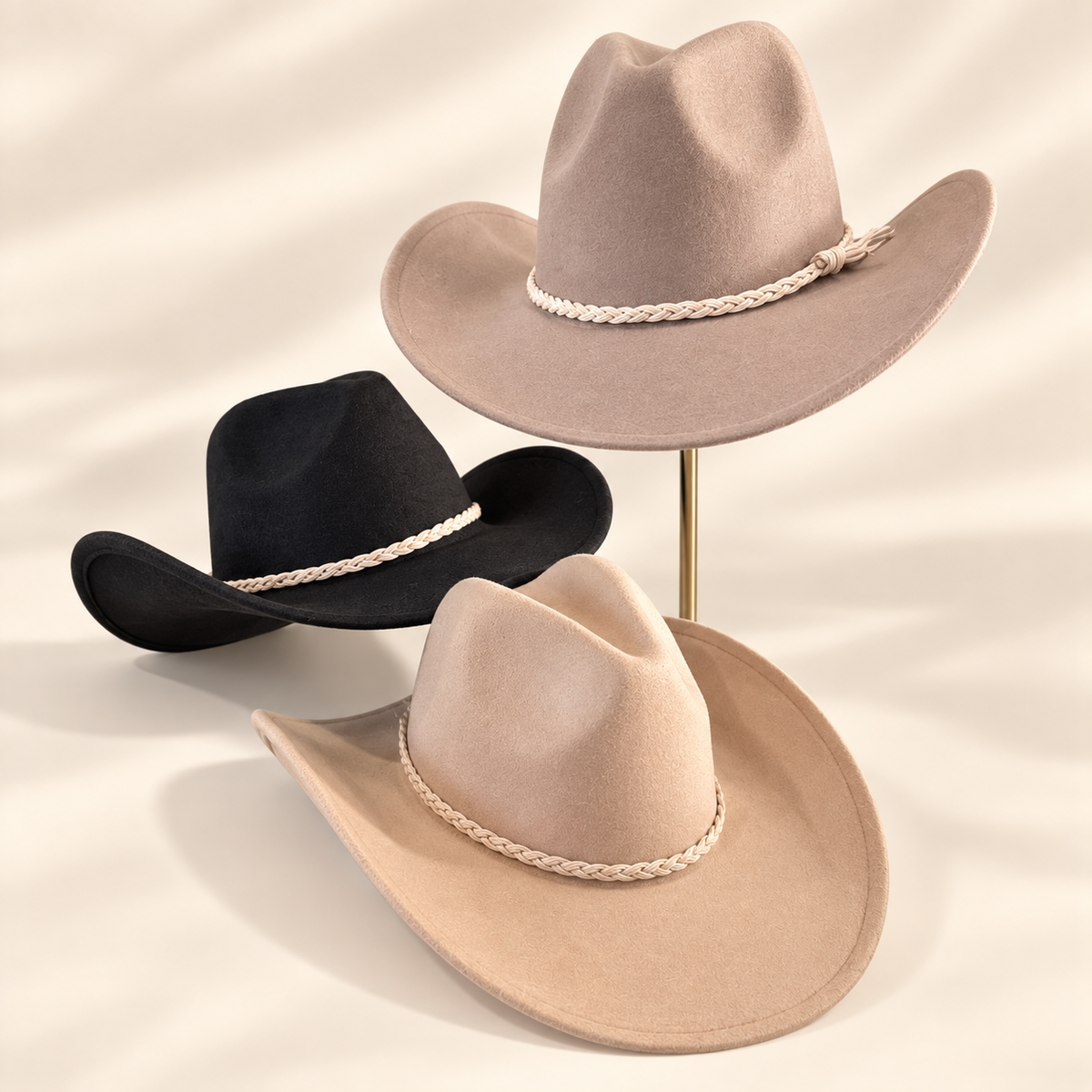Vegan Felt Cowboy Hat with Braided Suede Belt in Camel