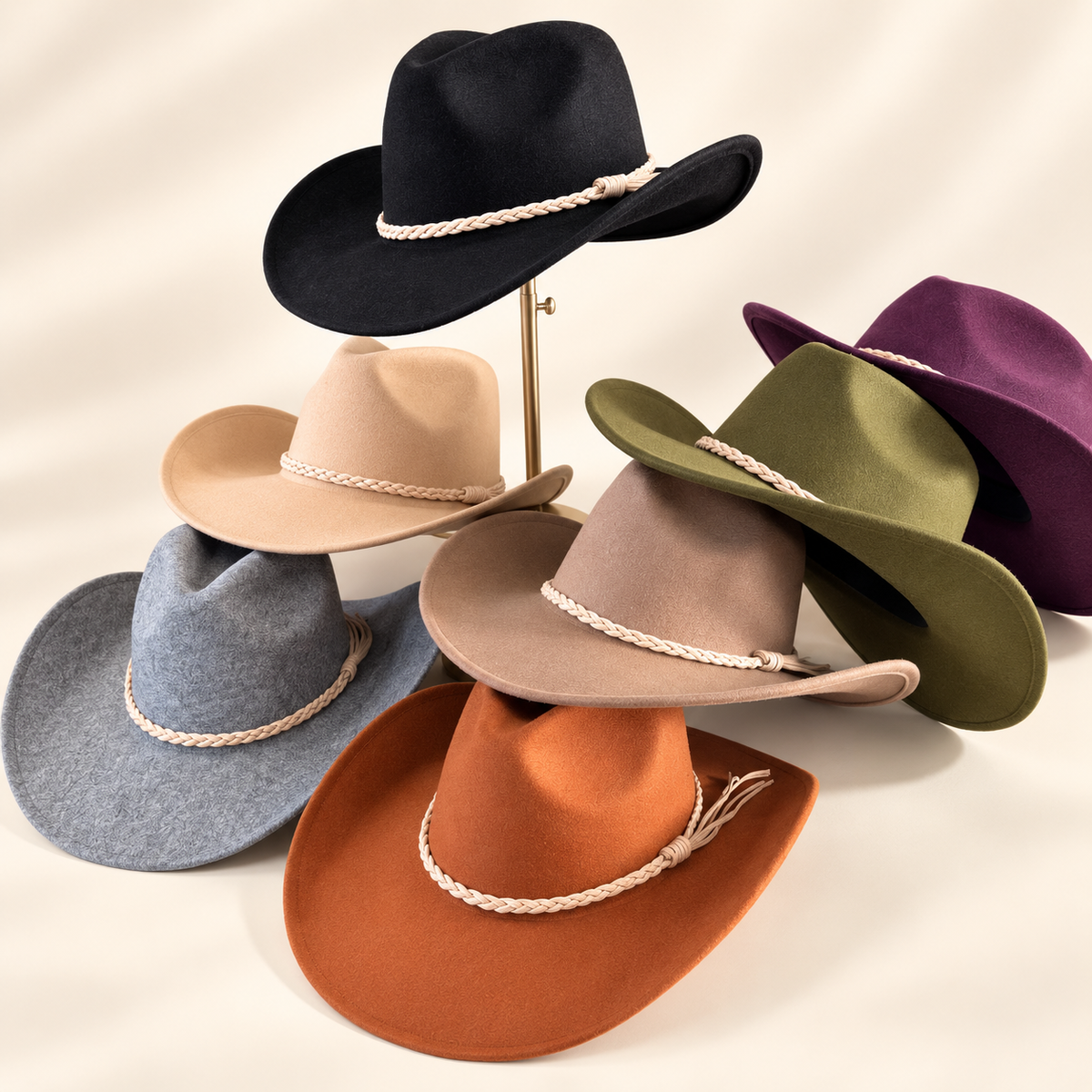 Vegan Felt Cowboy Hat with Braided Suede Belt in Camel
