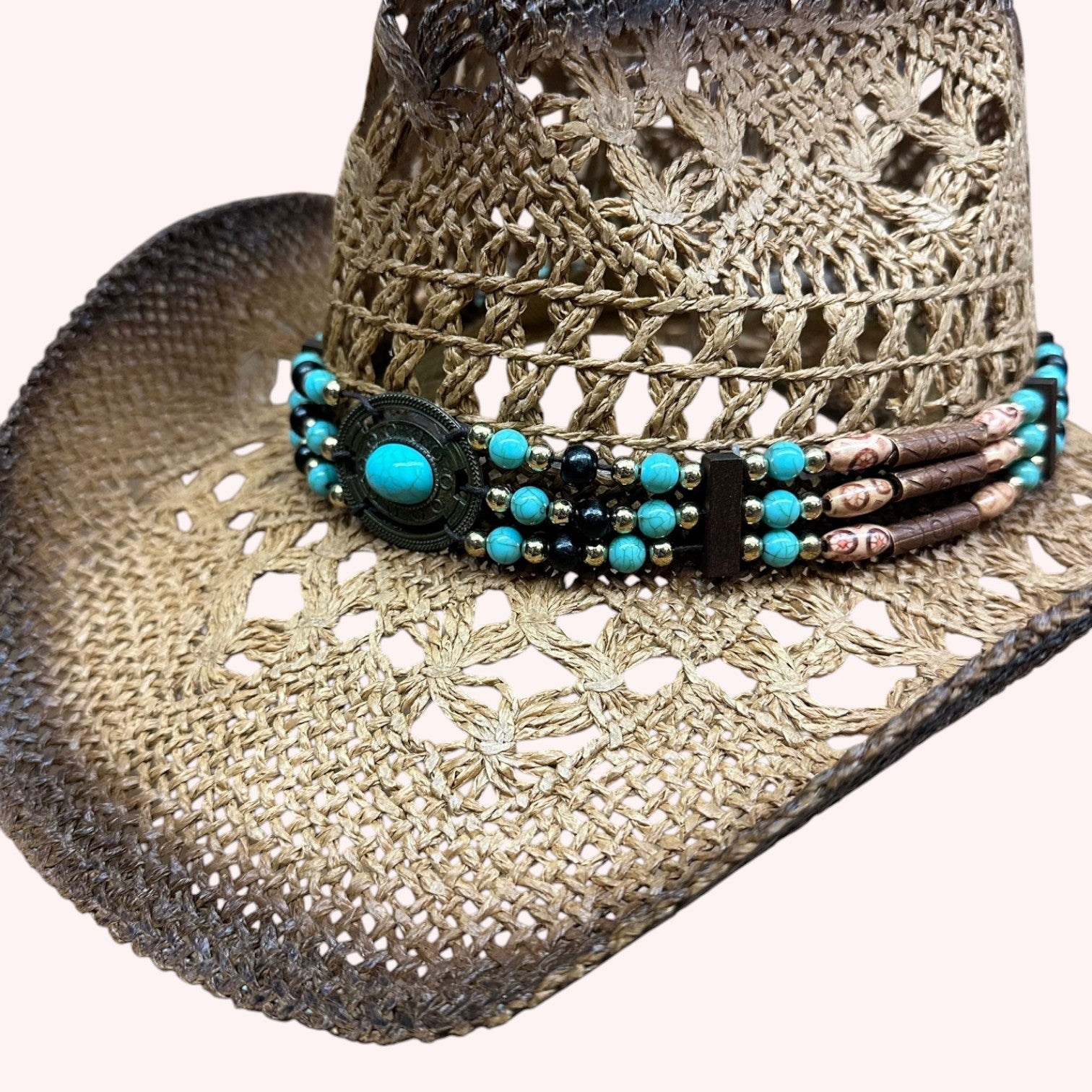 TEA STAINED OPEN WEAVE COWBOY HAT WITH WESTERN WOOD BEAD BAND