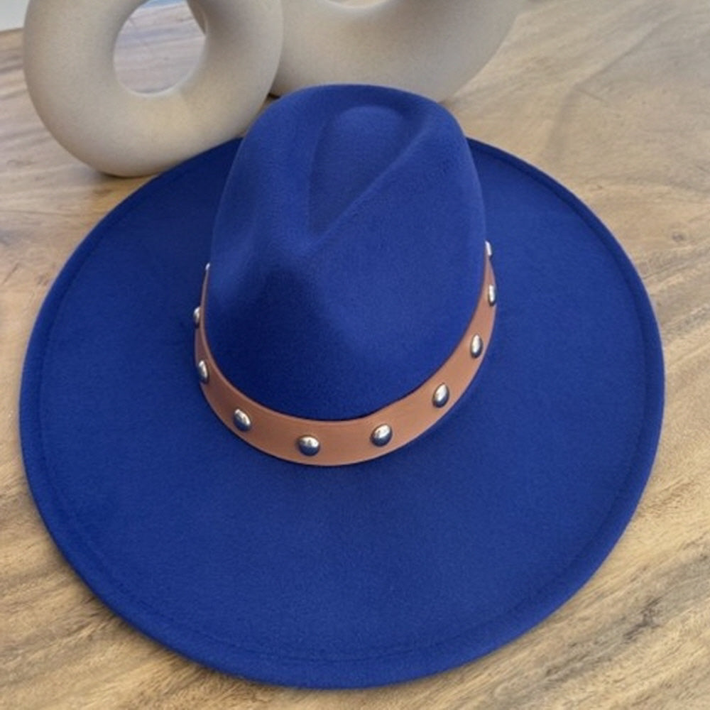 VEGAN FELT FEDORA W/STUDDED LEATHER BELT