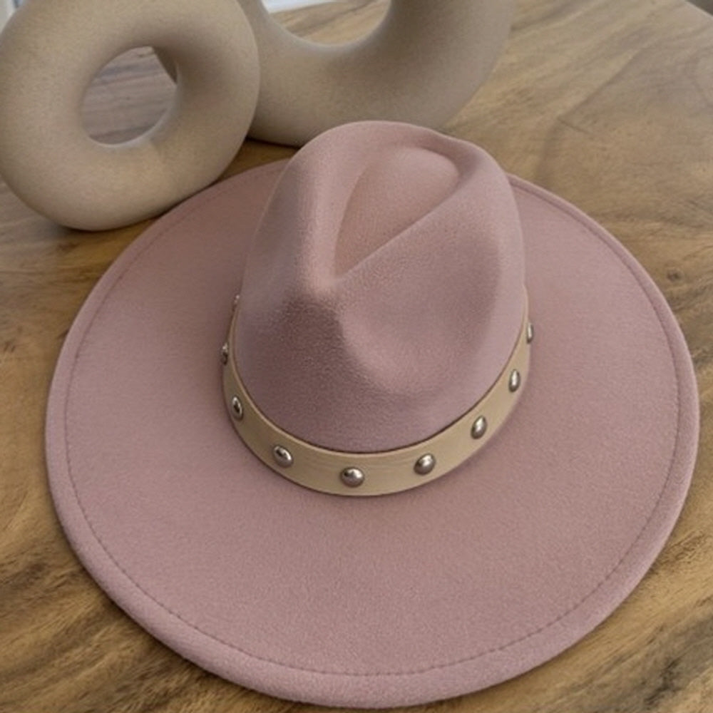 VEGAN FELT FEDORA W/STUDDED LEATHER BELT