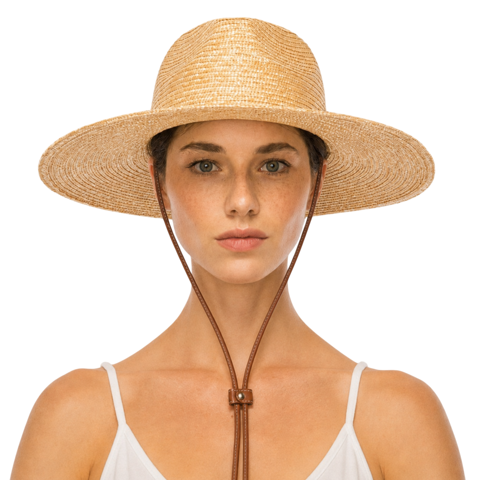 Wheat Straw Wide Brim Rancher Hat with Leather Chin Cord