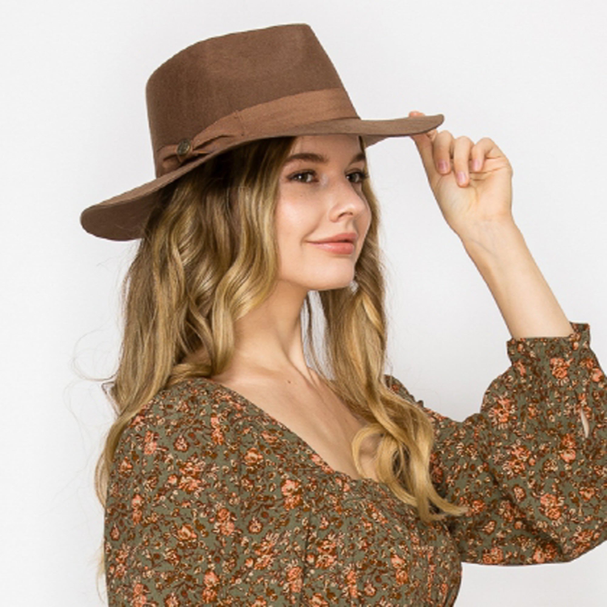 WOOL RANCHER HAT WITH GROSGRAIN RIBBONE-BROWN