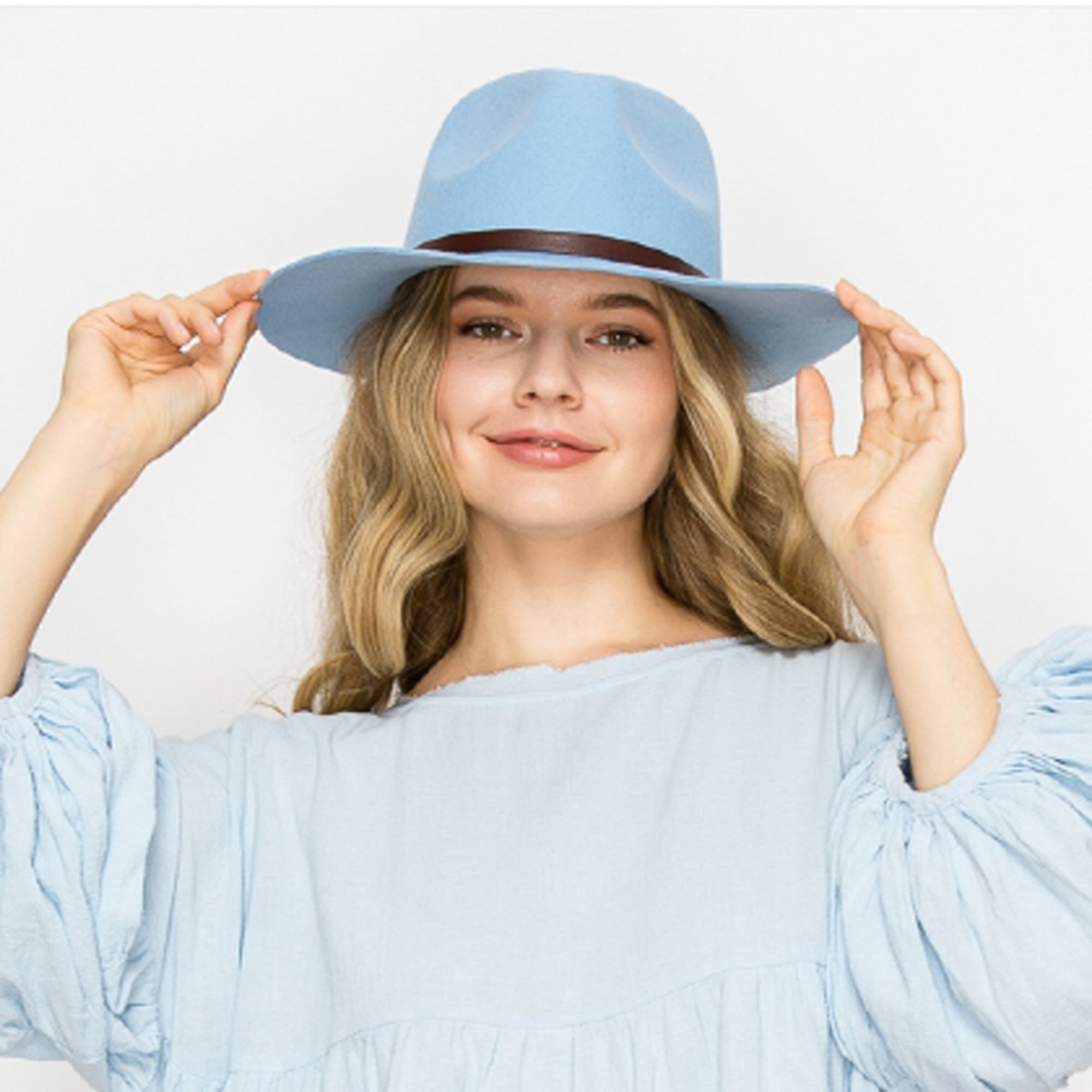 WOOL RANCHER HAT WITH LEATHER BELT-BLUE