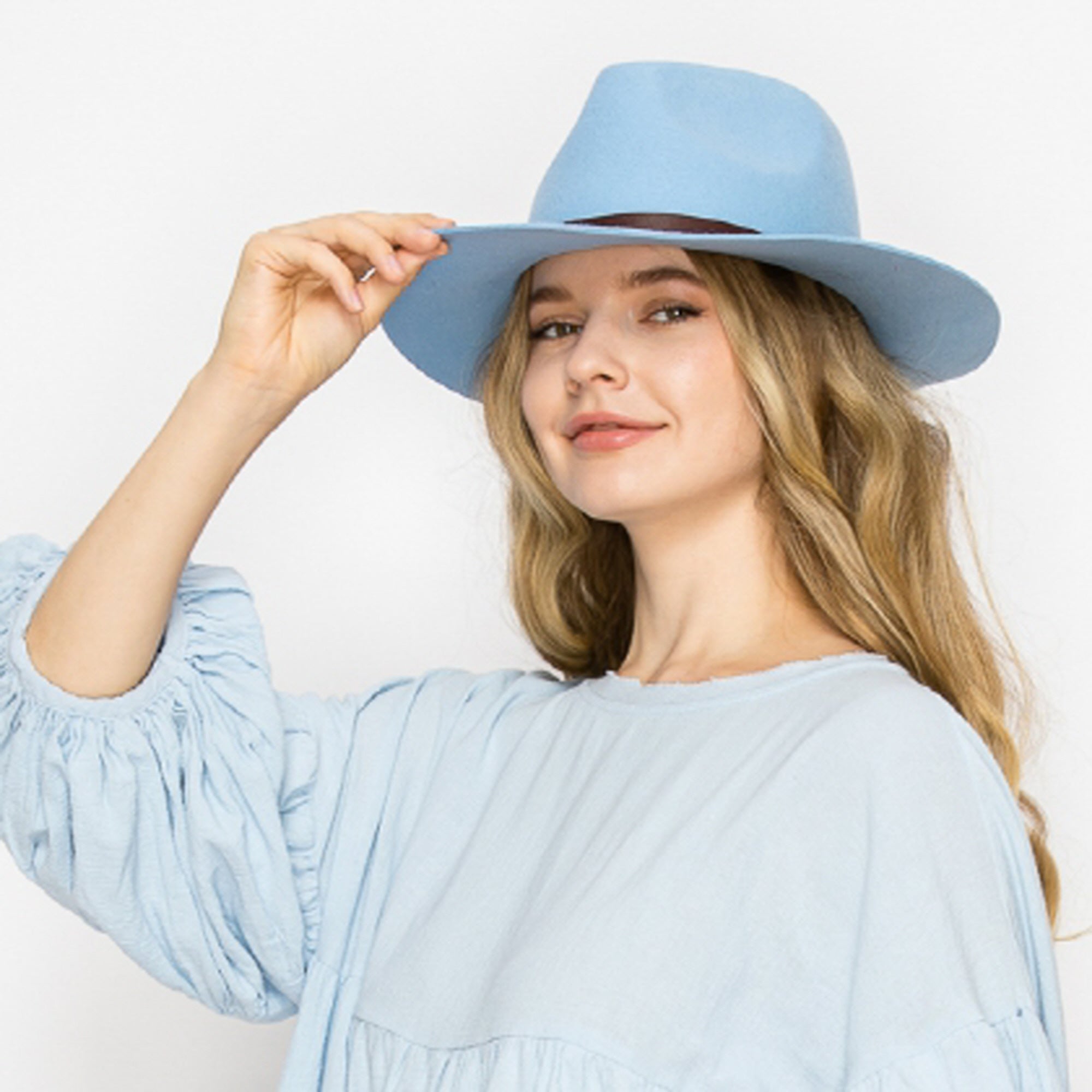 WOOL RANCHER HAT WITH LEATHER BELT-BLUE