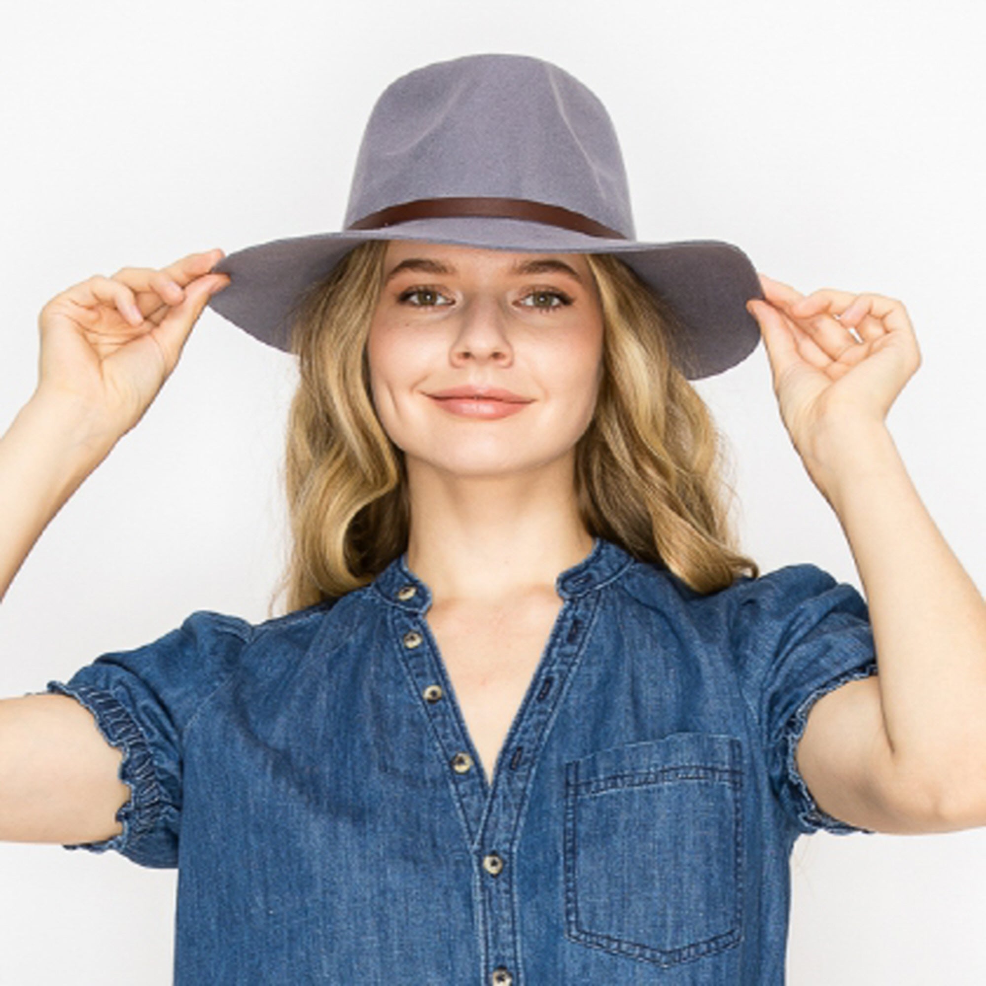 WOOL RANCHER HAT WITH LEATHER BELT-GREY