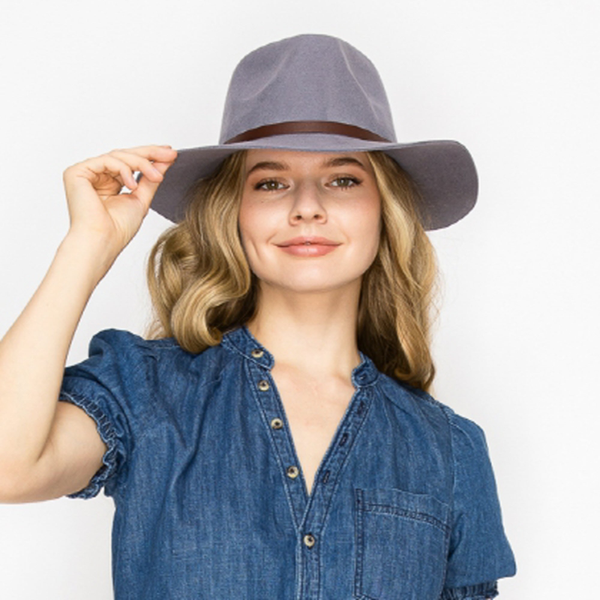 WOOL RANCHER HAT WITH LEATHER BELT-GREY