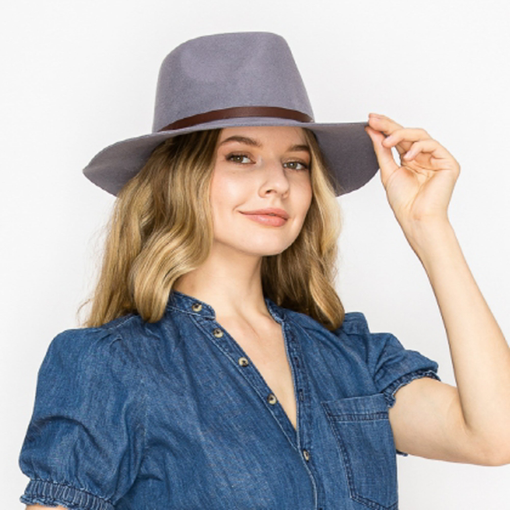 WOOL RANCHER HAT WITH LEATHER BELT-GREY