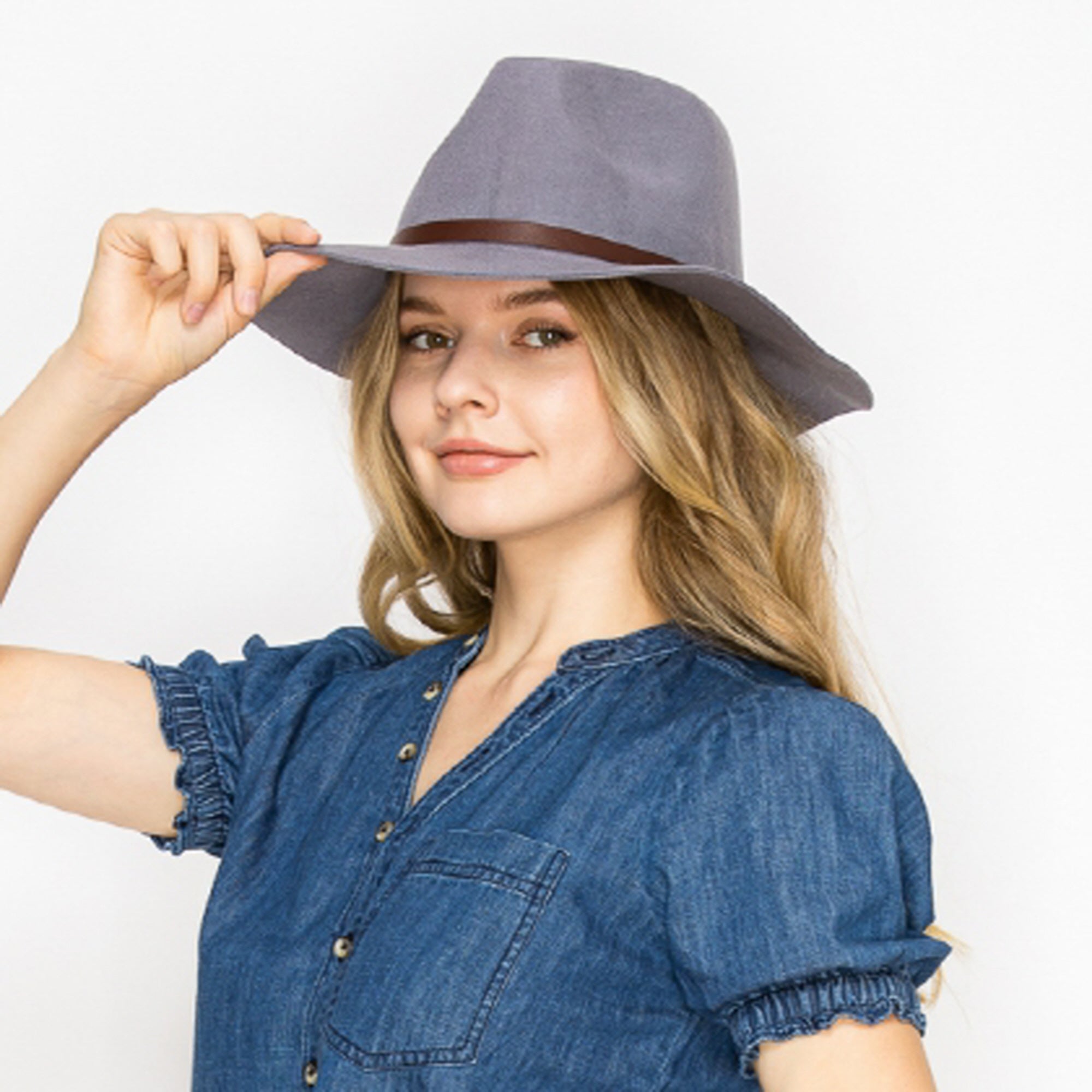 WOOL RANCHER HAT WITH LEATHER BELT-GREY