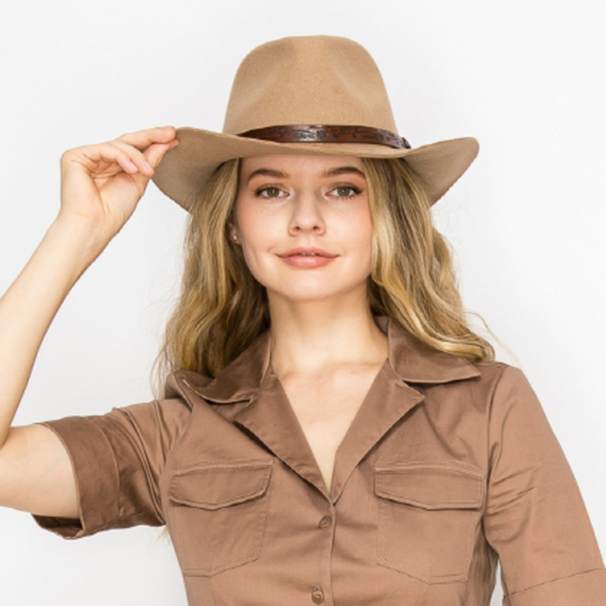 CLASSIC WOOL COWBOY HAT WITH JACQUARD LEATHER BELT-TAUPE