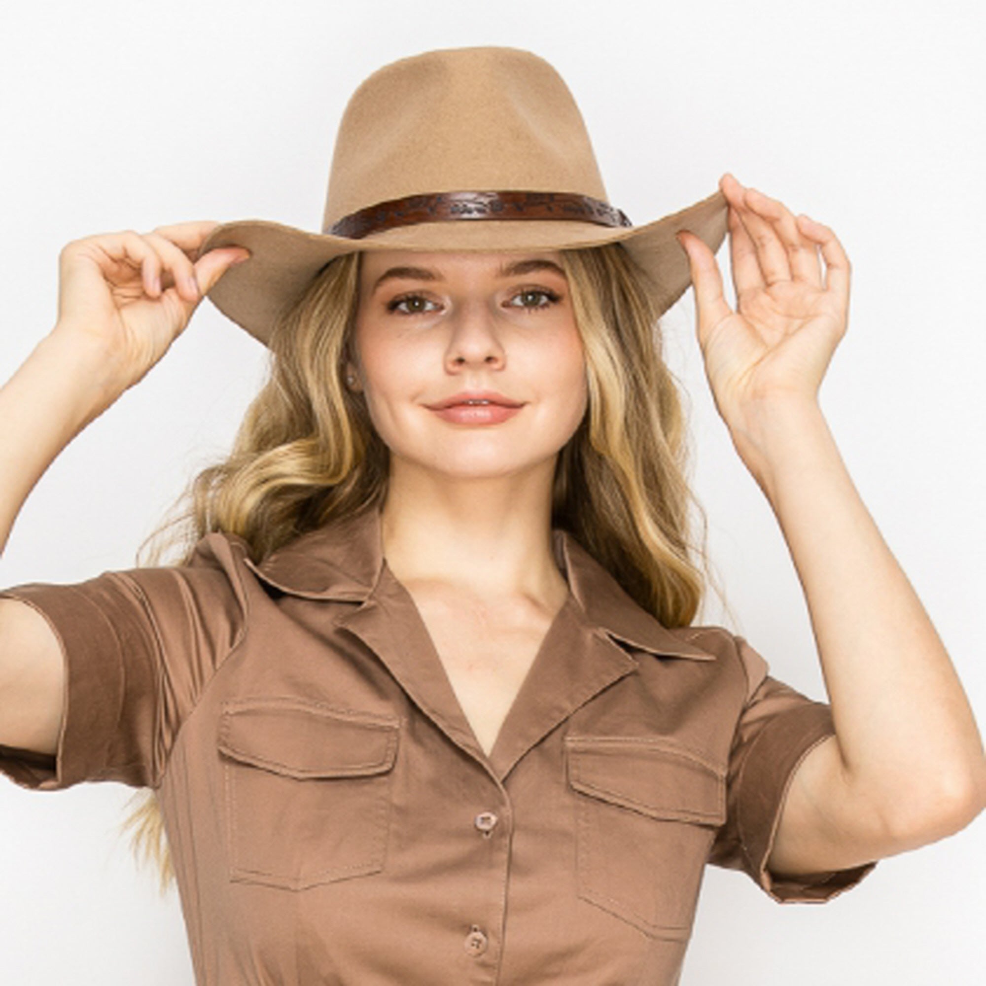 CLASSIC WOOL COWBOY HAT WITH JACQUARD LEATHER BELT-TAUPE