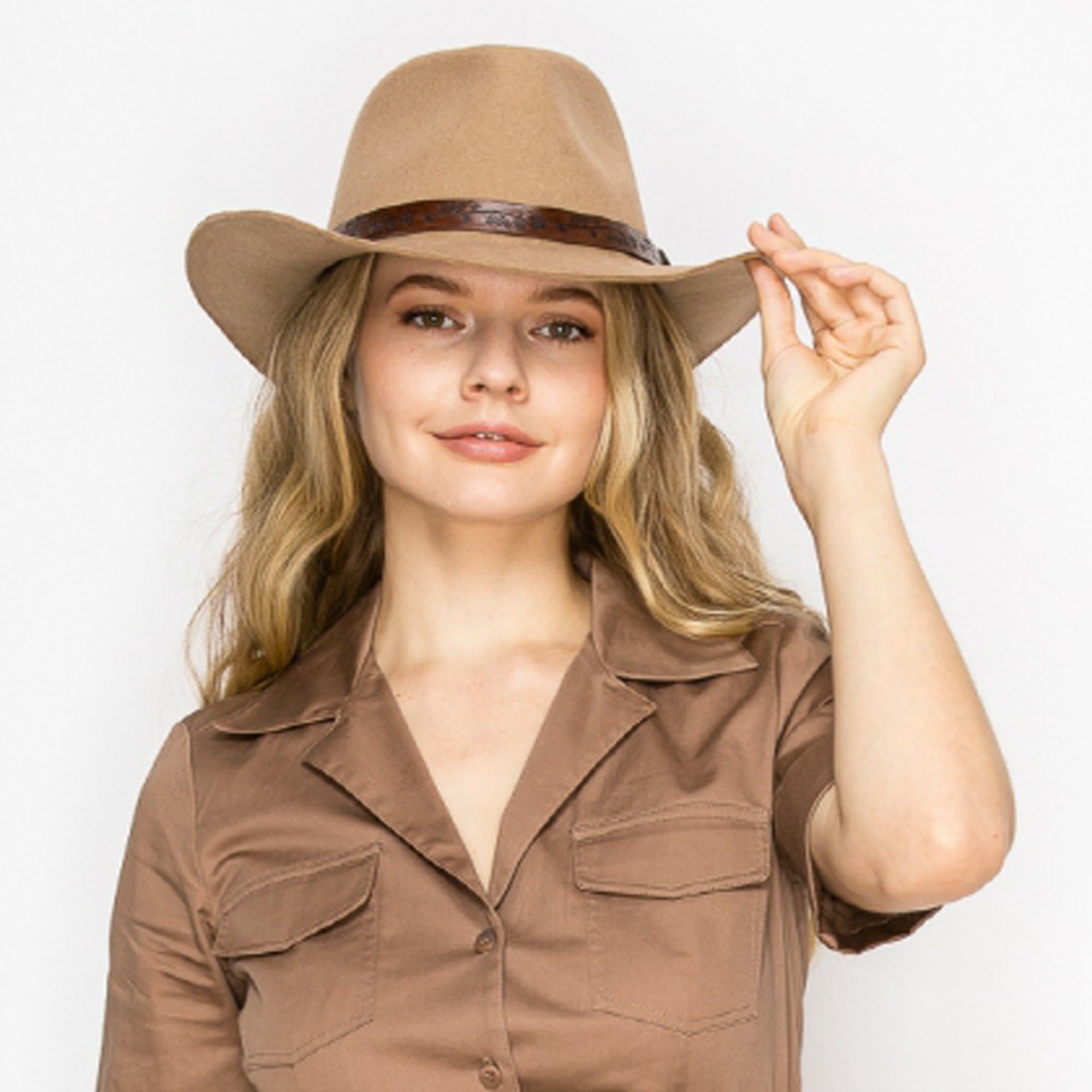 CLASSIC WOOL COWBOY HAT WITH JACQUARD LEATHER BELT-TAUPE