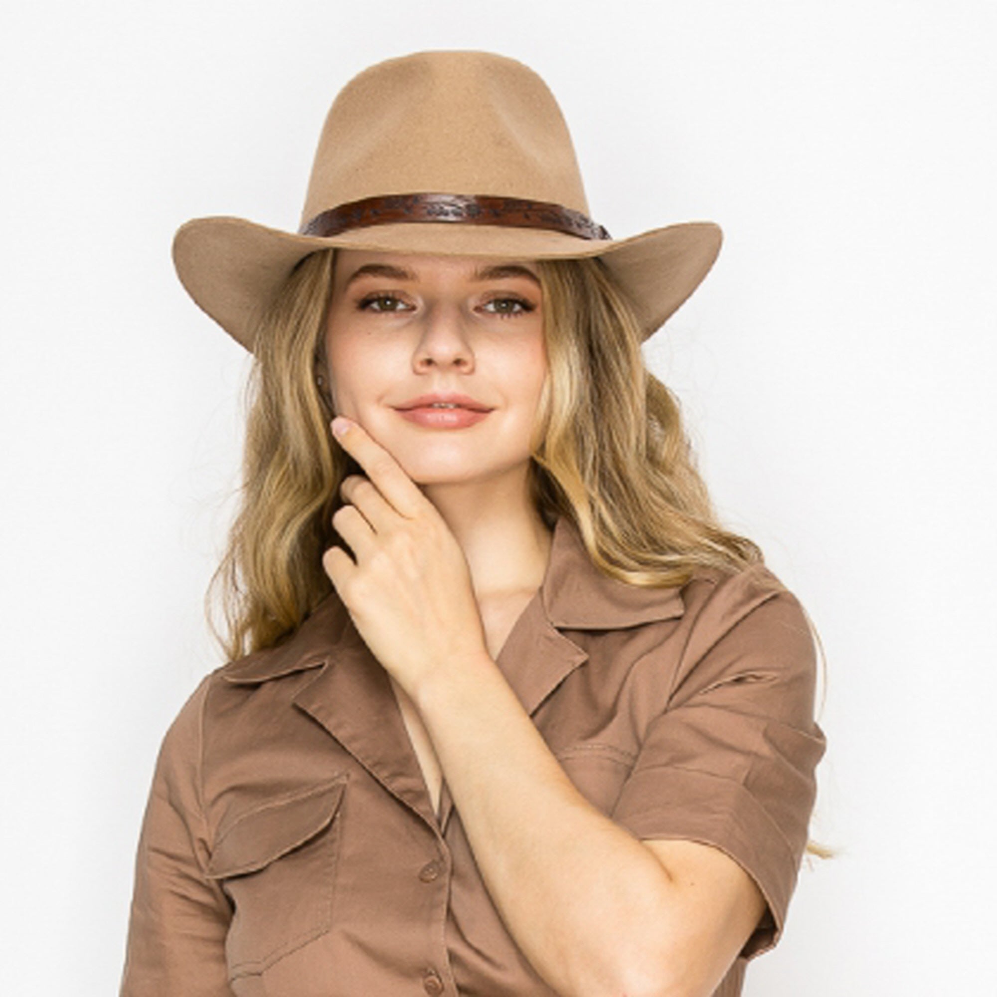 CLASSIC WOOL COWBOY HAT WITH JACQUARD LEATHER BELT-TAUPE