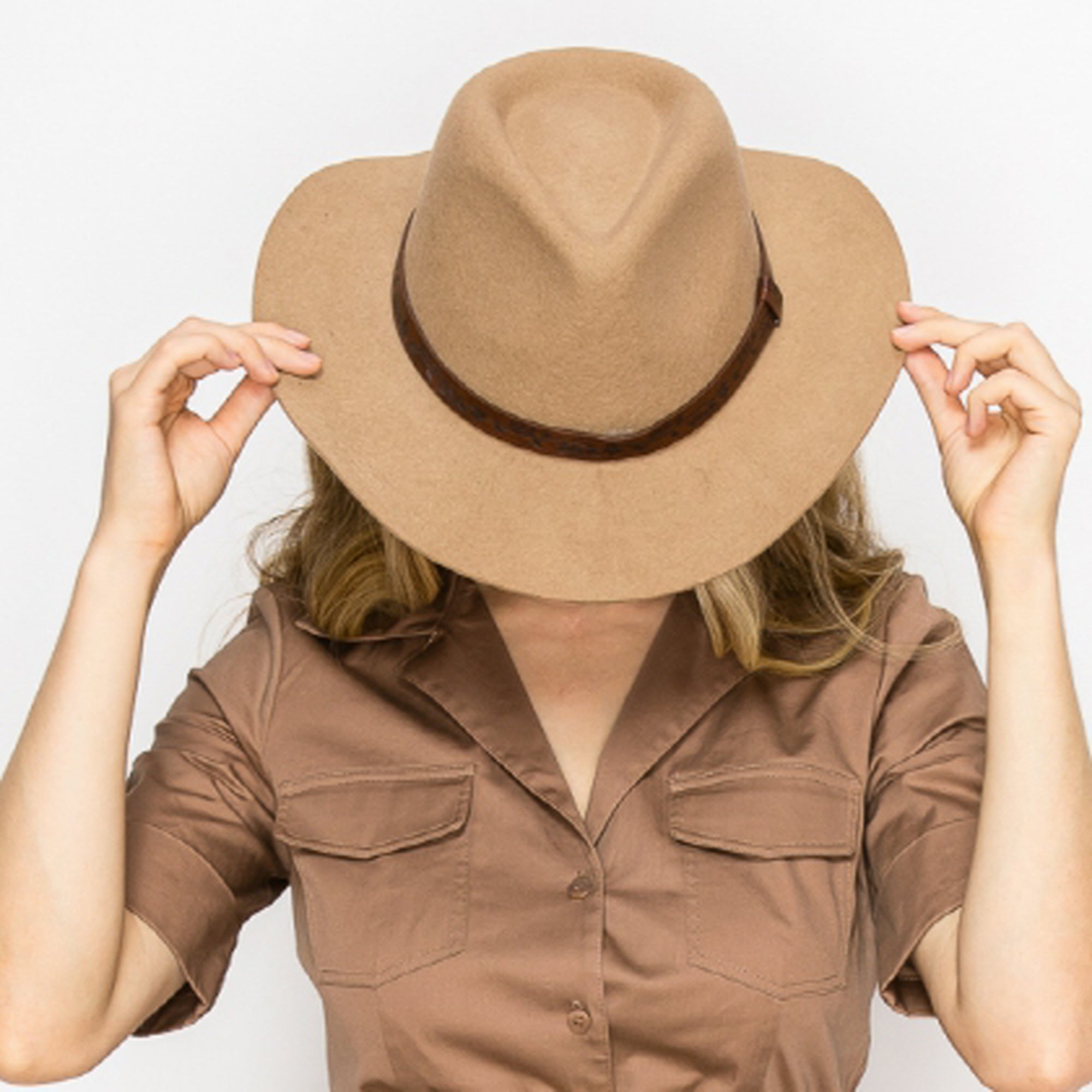 CLASSIC WOOL COWBOY HAT WITH JACQUARD LEATHER BELT-TAUPE