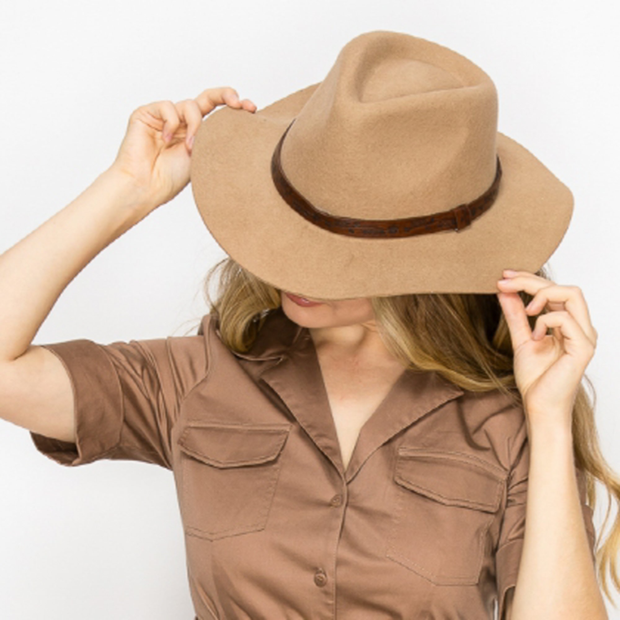 CLASSIC WOOL COWBOY HAT WITH JACQUARD LEATHER BELT-TAUPE