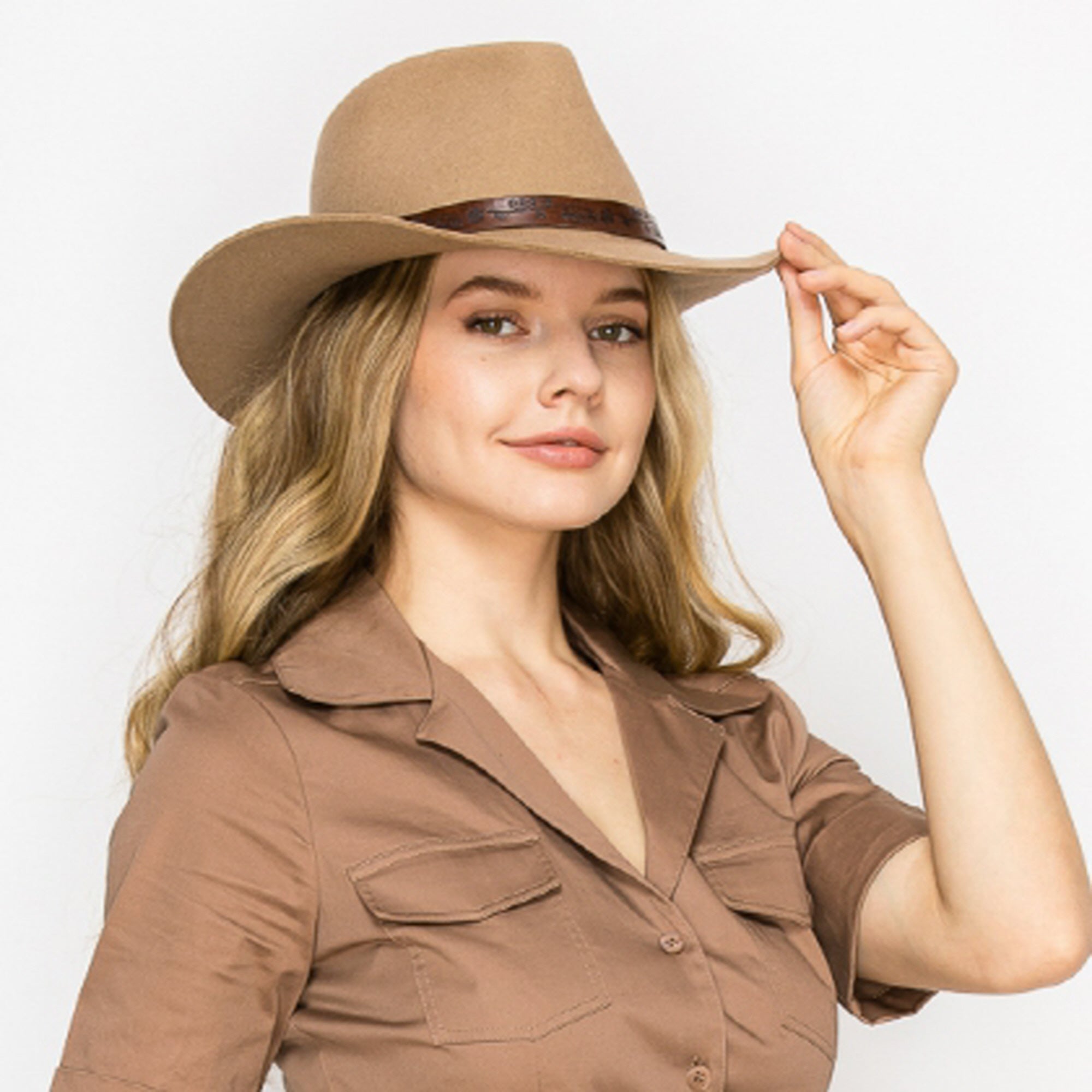 CLASSIC WOOL COWBOY HAT WITH JACQUARD LEATHER BELT-TAUPE