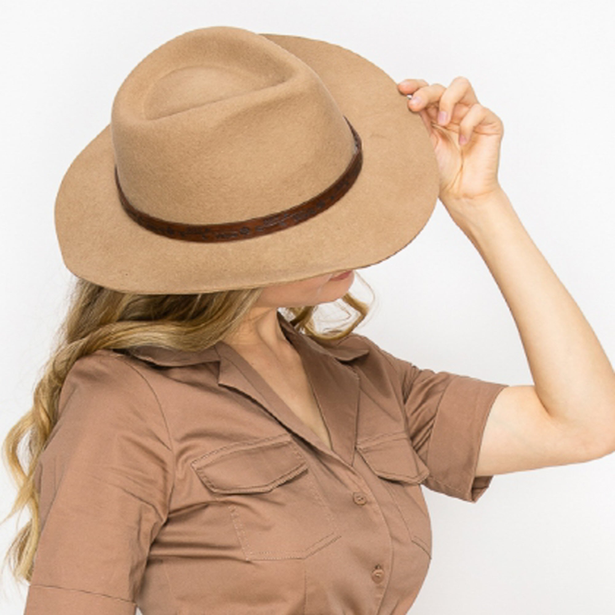 CLASSIC WOOL COWBOY HAT WITH JACQUARD LEATHER BELT-TAUPE