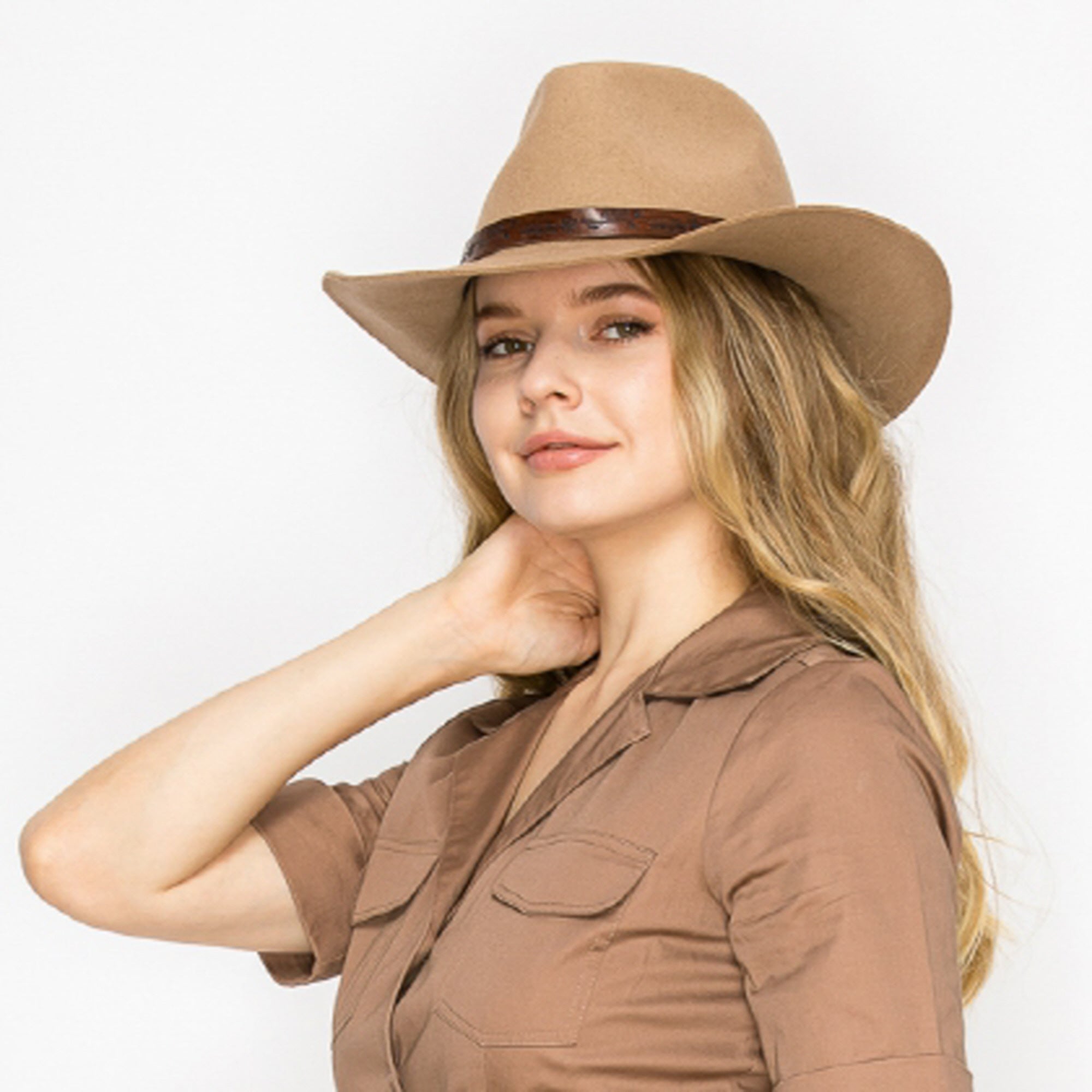 CLASSIC WOOL COWBOY HAT WITH JACQUARD LEATHER BELT-TAUPE