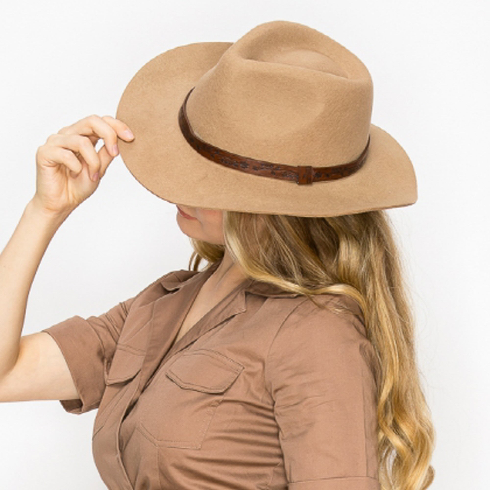 CLASSIC WOOL COWBOY HAT WITH JACQUARD LEATHER BELT-TAUPE