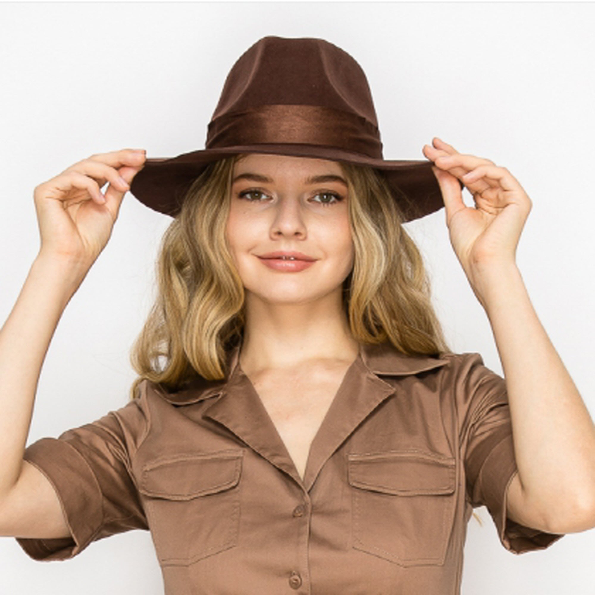 WOOL RANCHER HAT WITH VELVET BAND-BROWN