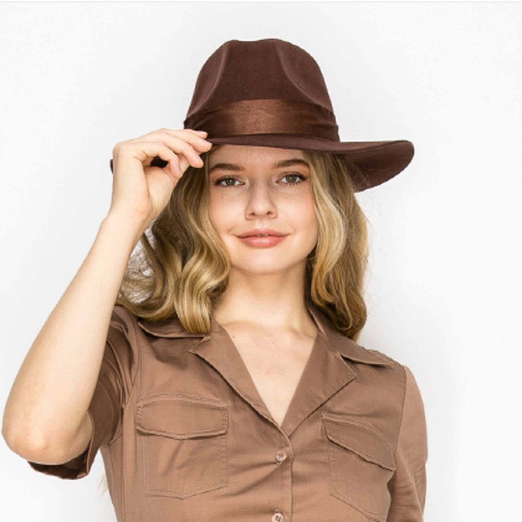 WOOL RANCHER HAT WITH VELVET BAND-BROWN