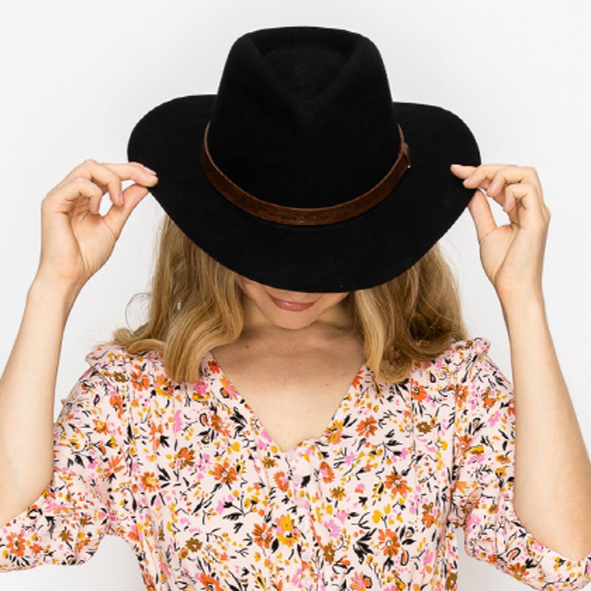 CLASSIC WOOL COWBOY HAT WITH JACQUARD LEATHER BELT-BLACK