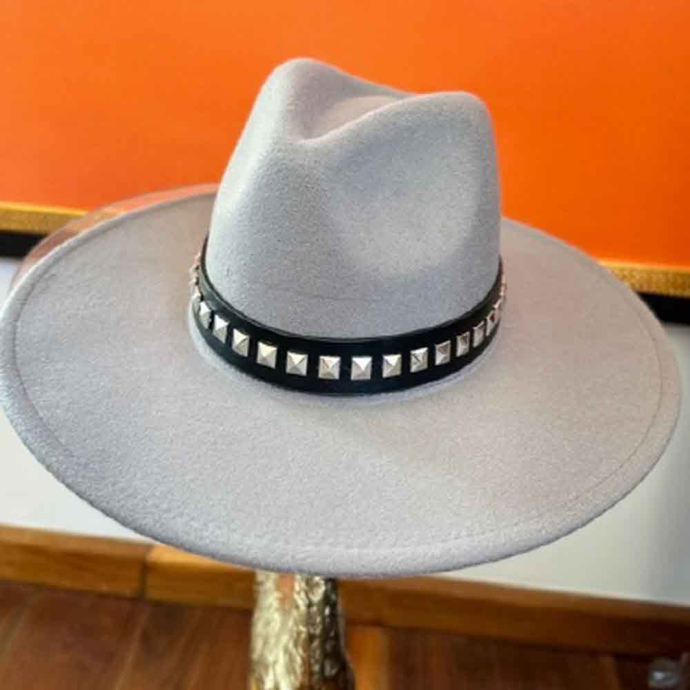 VEGAN FELT FEDORA  W/STUDDED LEATHER BELT