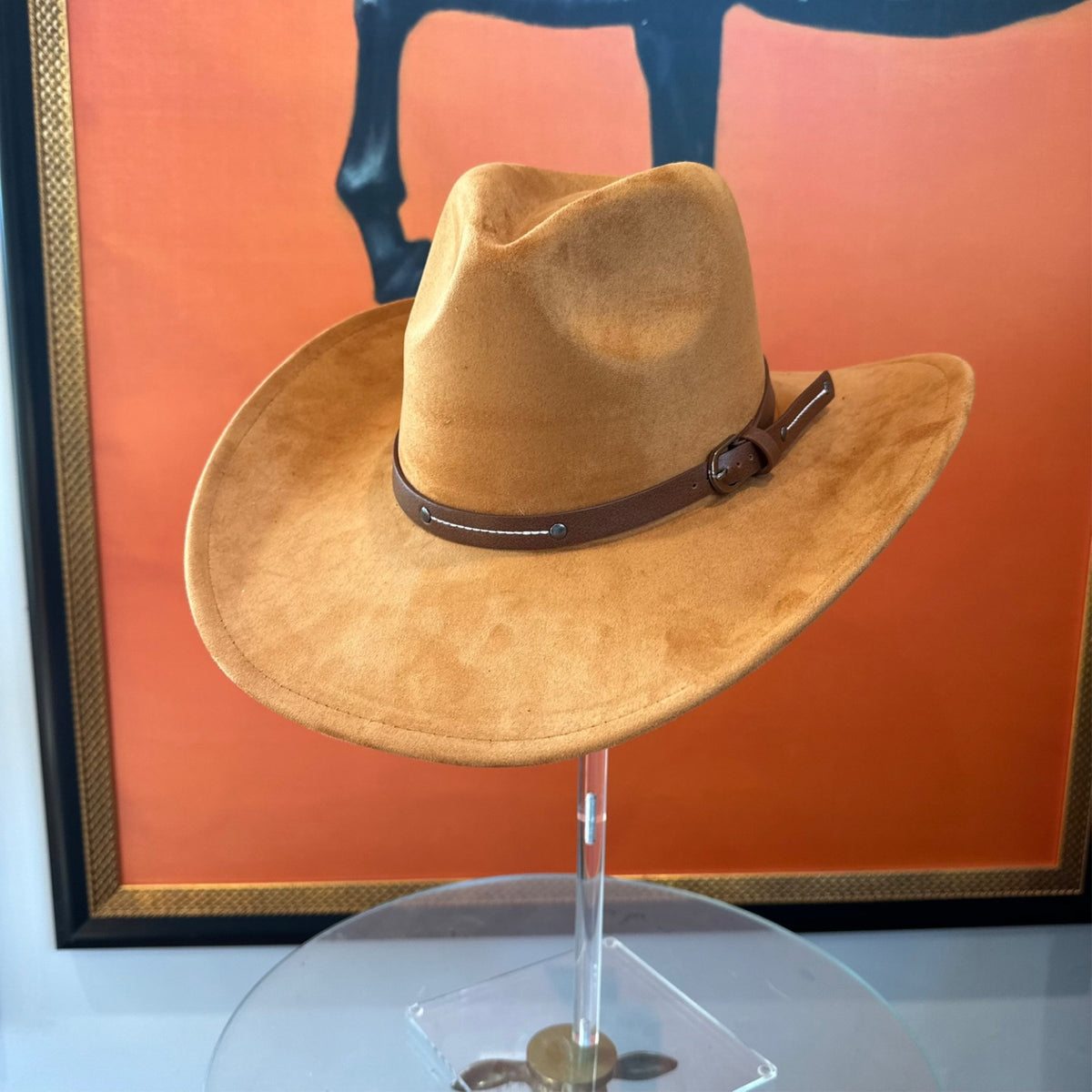 Vegan Suede Cowboy Hat with Slim Leather Belt