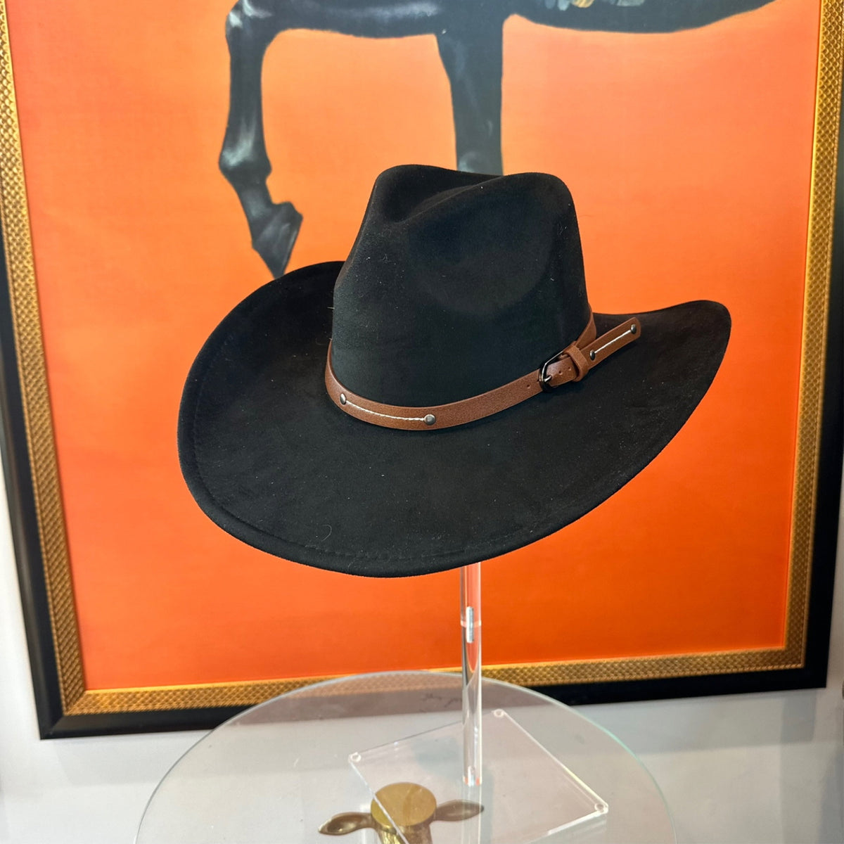 Vegan Suede Cowboy Hat with Slim Leather Belt