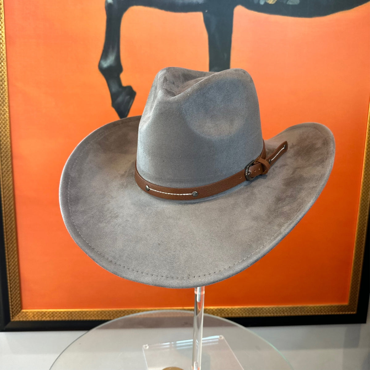 Vegan Suede Cowboy Hat with Slim Leather Belt