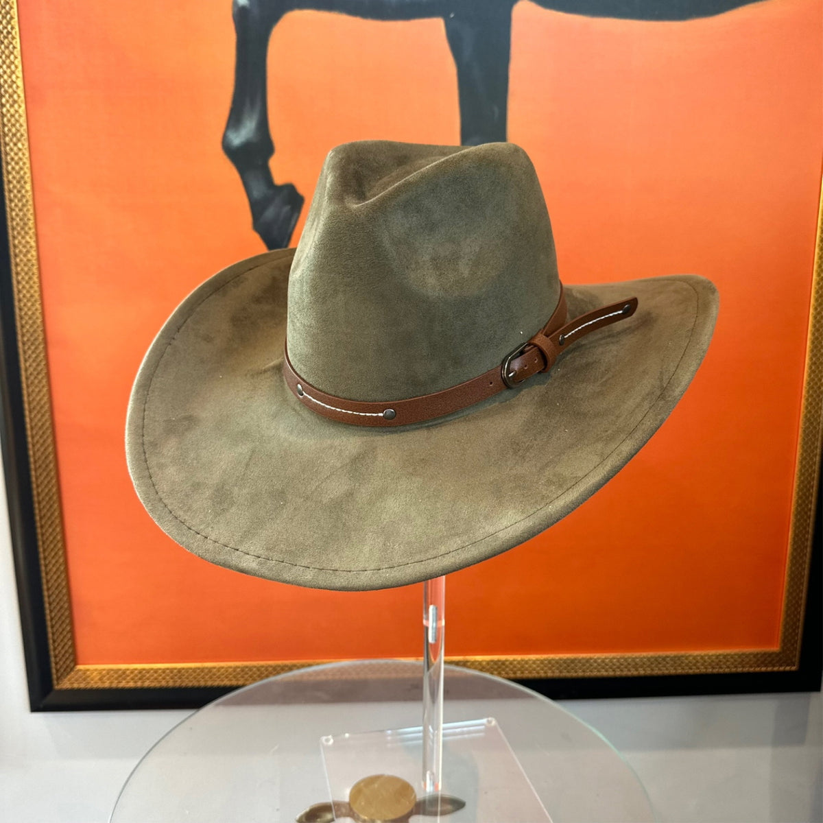 Vegan Suede Cowboy Hat with Slim Leather Belt