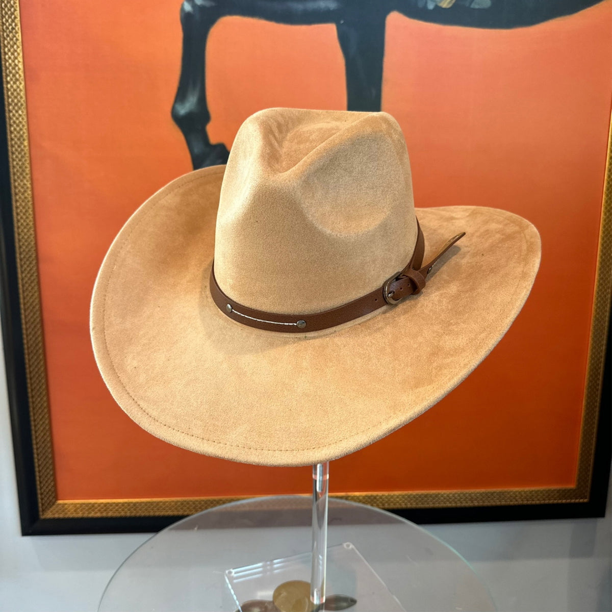 Vegan Suede Cowboy Hat with Slim Leather Belt