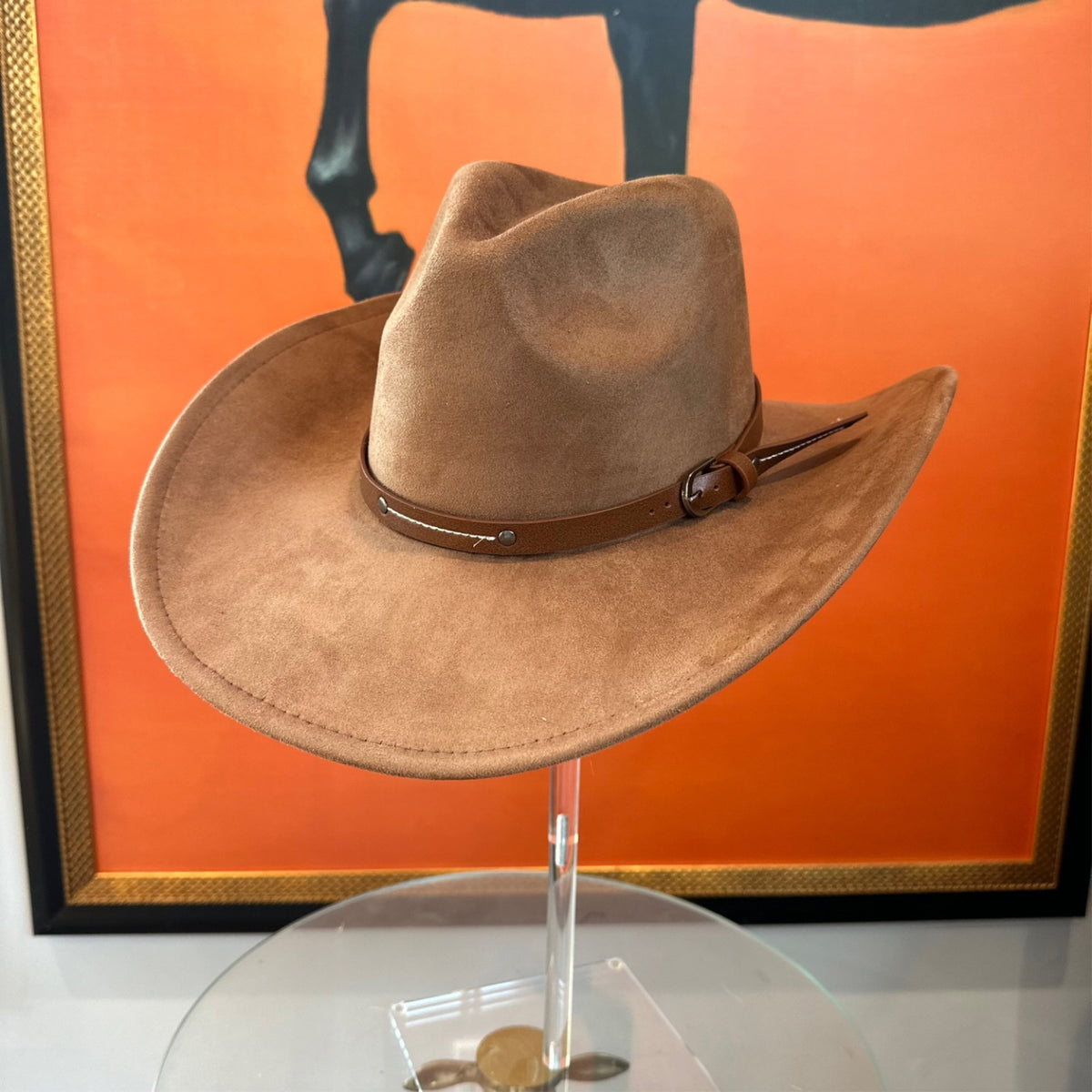 Vegan Suede Cowboy Hat with Slim Leather Belt