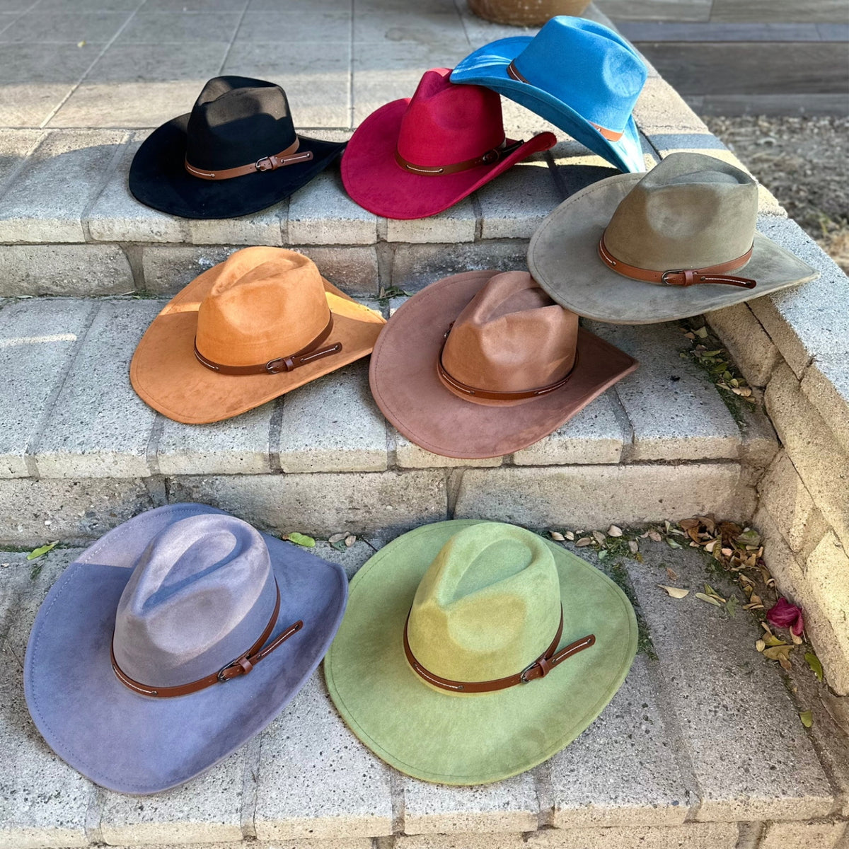Vegan Suede Cowboy Hat with Slim Leather Belt