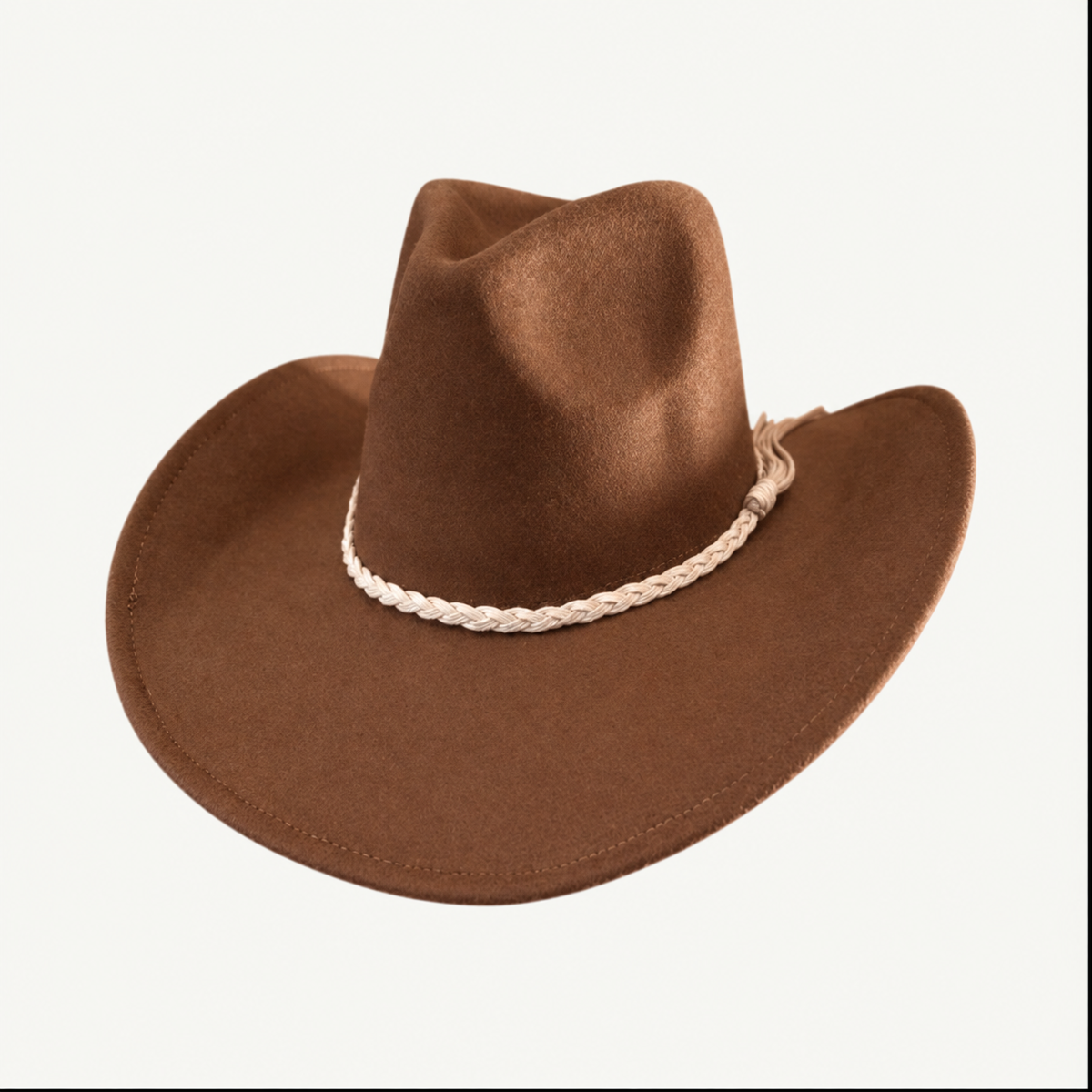 Vegan Felt Cowboy Hat with Braided Suede Belt in Camel