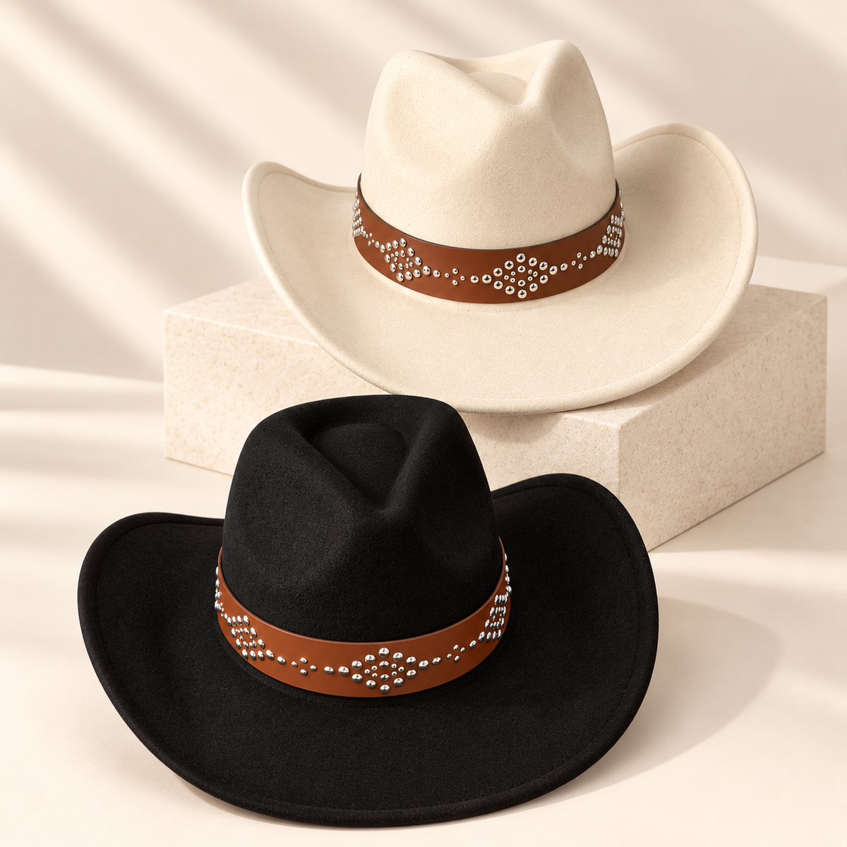 Vegan Felt Cowboy Hat with Studded Leather Belt