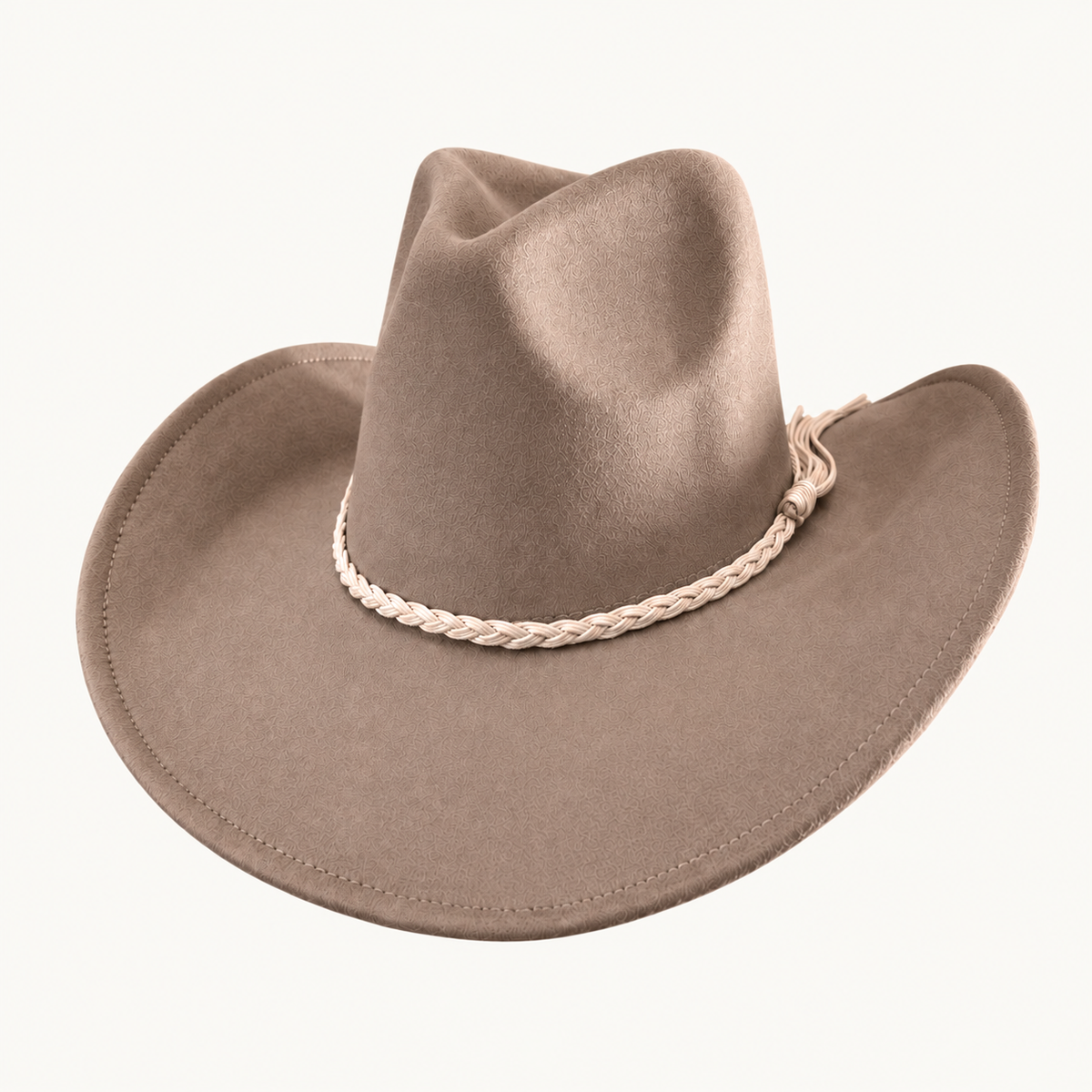Vegan Felt Cowboy Hat with Braided Suede Belt in Camel