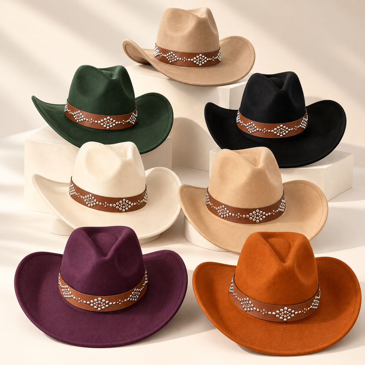 Vegan Felt Cowboy Hat with Studded Leather Belt
