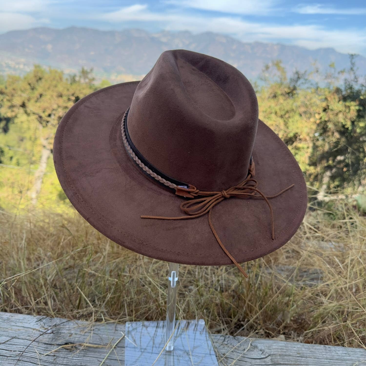 Classic Wide Brim Suede Hat With Braided Suede Belt