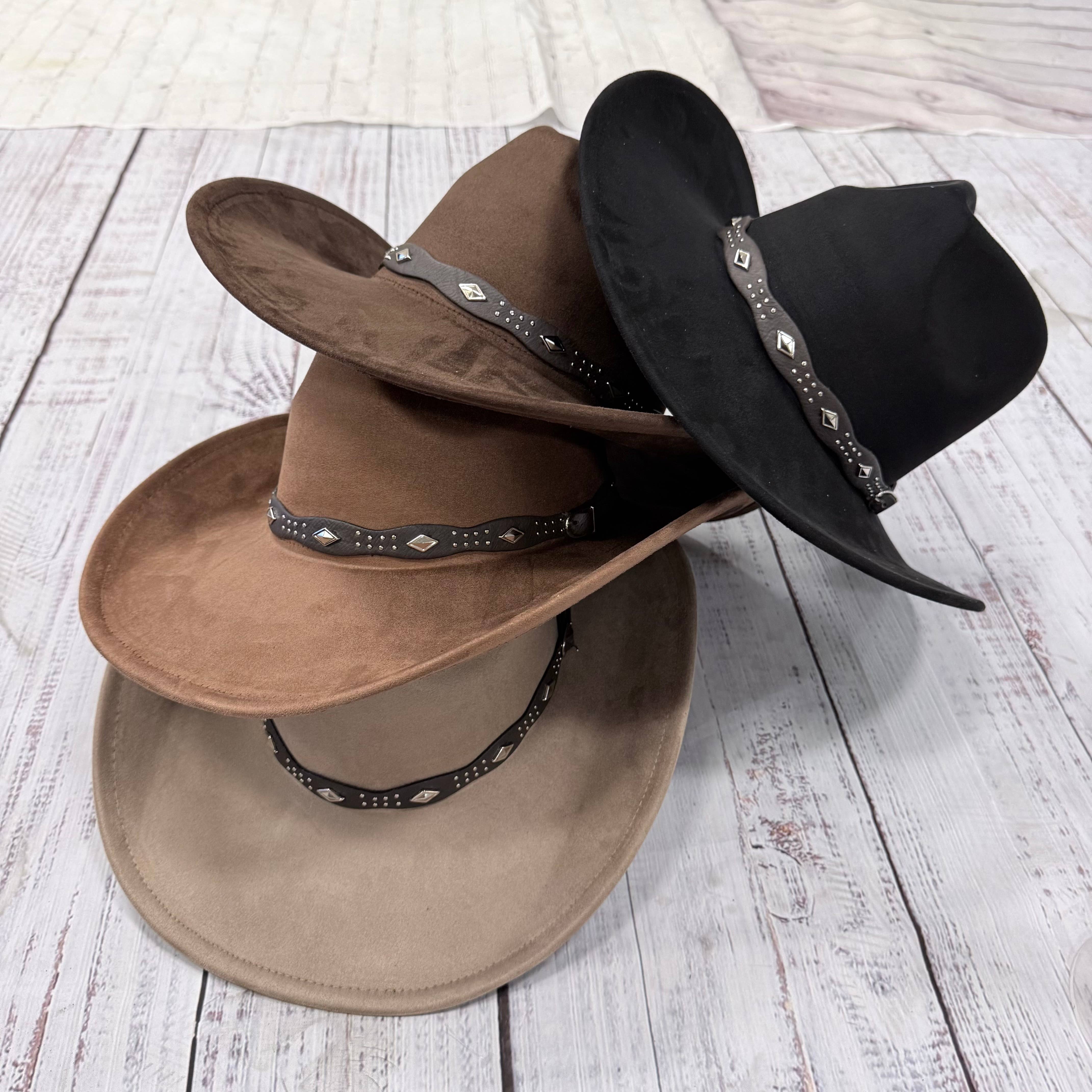 Studded Concho Band Vegan Suede Western Fedora - Black