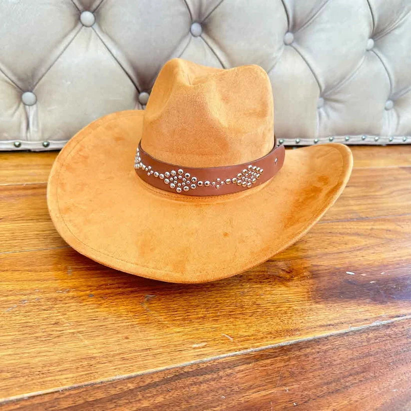 VEGAN SUEDE COWBOY HAT STUDDED LEATHER BELT