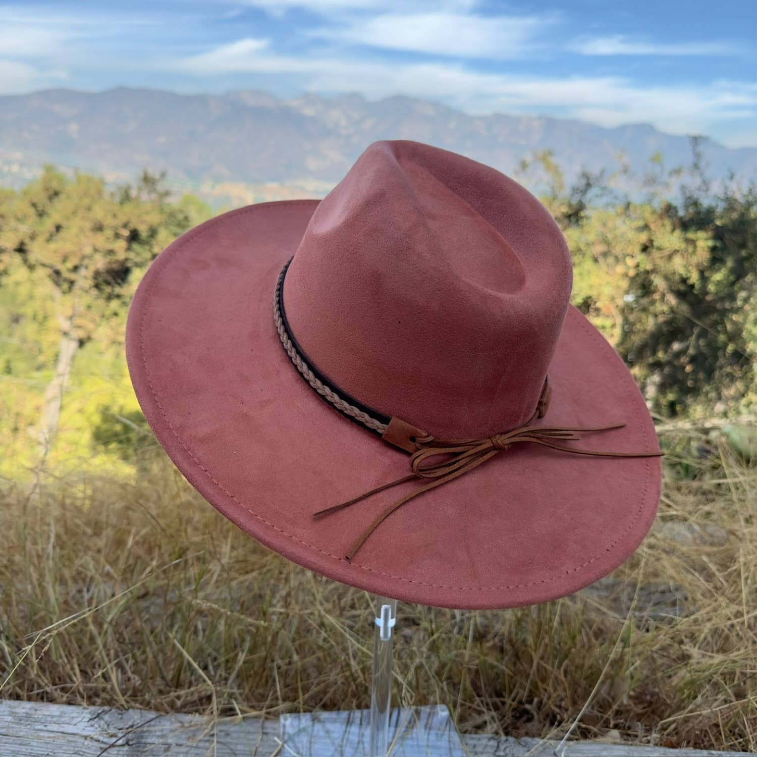 Classic Wide Brim Suede Hat With Braided Suede Belt