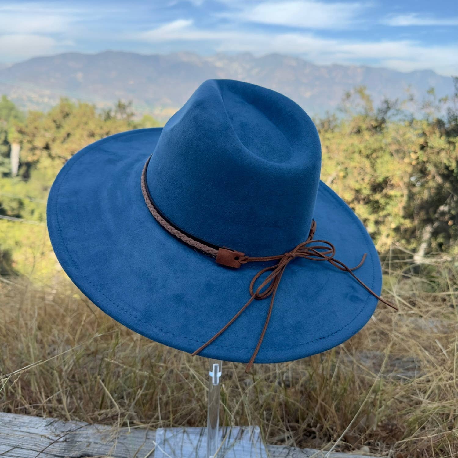 Classic Wide Brim Suede Hat With Braided Suede Belt